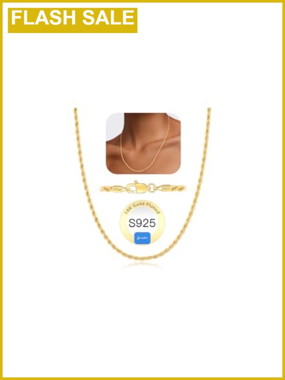 18k Gold Plated 925 Sterling Silver 2mm Rope Chain Necklace Women 16-26 Inch